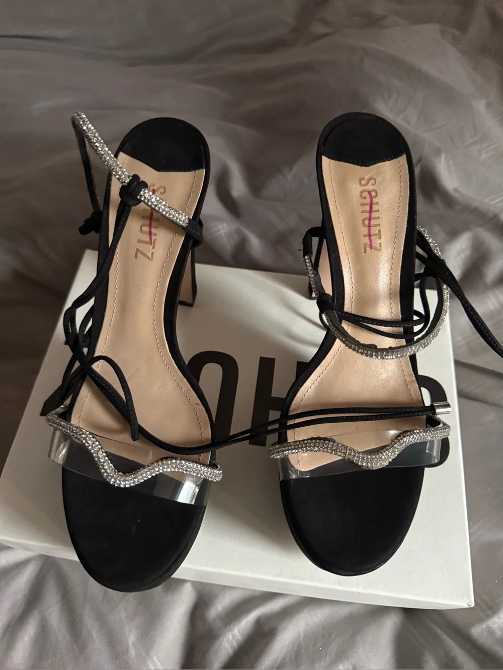 SCHUTZ Black Suede Brilliant platform sandals with Crystal and Clear Strap
